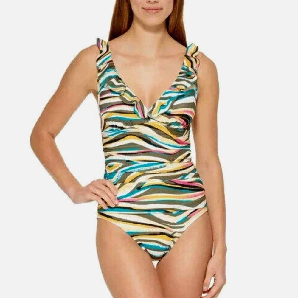 DKNY Multi-Color Ruffled Tummy-Control Animal Print One Piece Swimsuit Beach